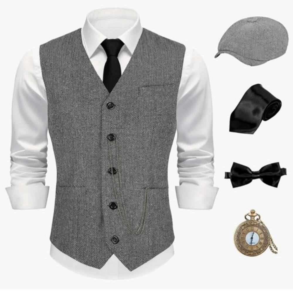 New 1920s Men's Costume Vest, Hat, Cane, Glasses, Ties, Watch, Mustaches XL